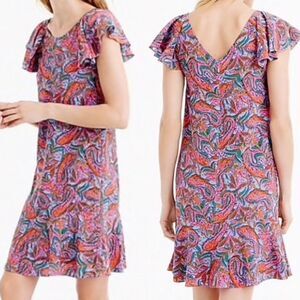 J. Crew Paisley Print Neon Silk Ruffle Hem Flutter Sleeve Dress SIZE 6